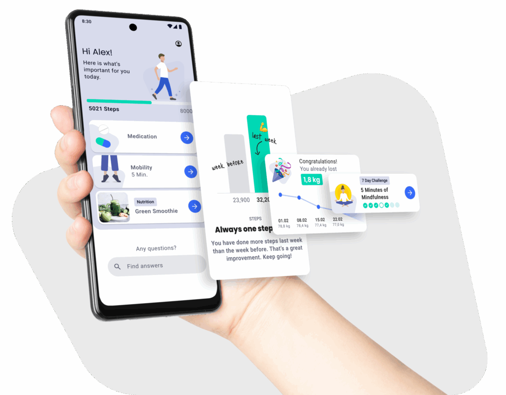 Visualisierung der mHealth Suite Plattform – modulare Digital-Health-Architektur.
